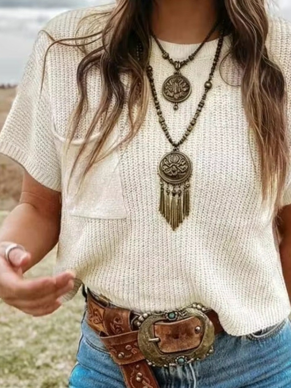 Cream Short-Sleeve Knit Pocket Top by